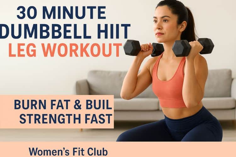 Woman performing dumbbell squats during 30 minute HIIT leg workout at home