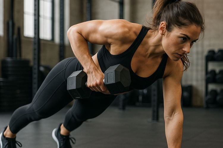woman in a high plank position rowing a dumbbell HIIT Strength Workout with one arm while maintaining perfect core stability.