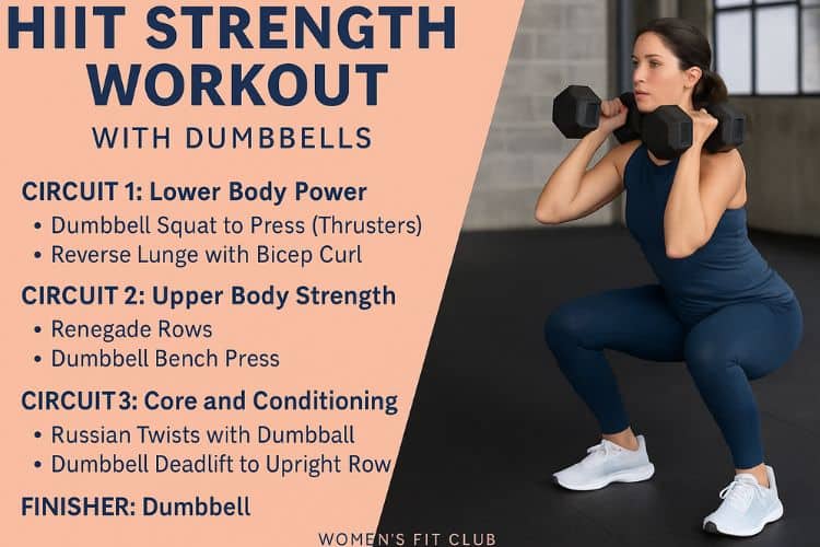Woman infographic  performing dumbbell squat during a hiit workout with weights for strength and fat loss