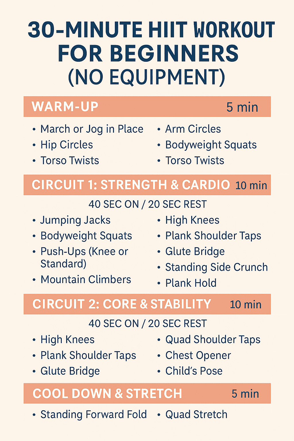 30-Minute HIIT Workout for Beginners (No Equipment). It displays a timer, a list of bodyweight exercises, and a breakdown of the 30-minute session into warm-up, high-intensity intervals, and cool-down.
