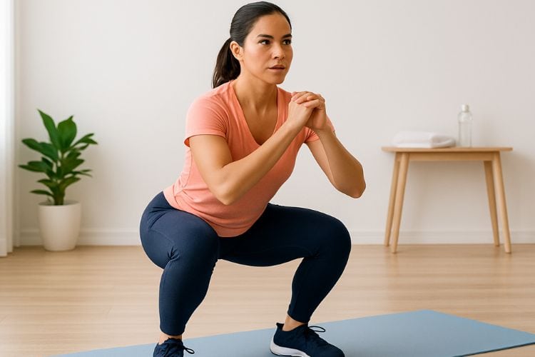 A mom performing a squat at home The room features natural light, wooden floors, a potted plant, and minimal décor, representing a clean and motivating space for a 30-minute full body HIIT workout for busy moms.