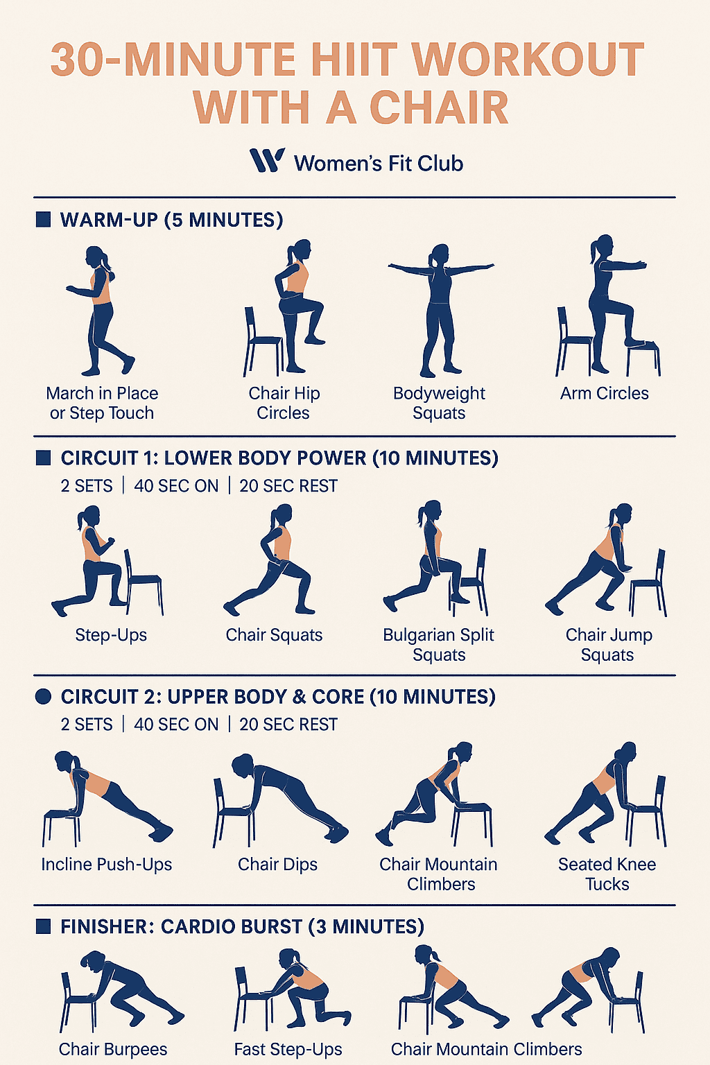 A woman performing a chair squat on a sturdy wooden chair at home, demonstrating a move from a 30-minute HIIT workout.