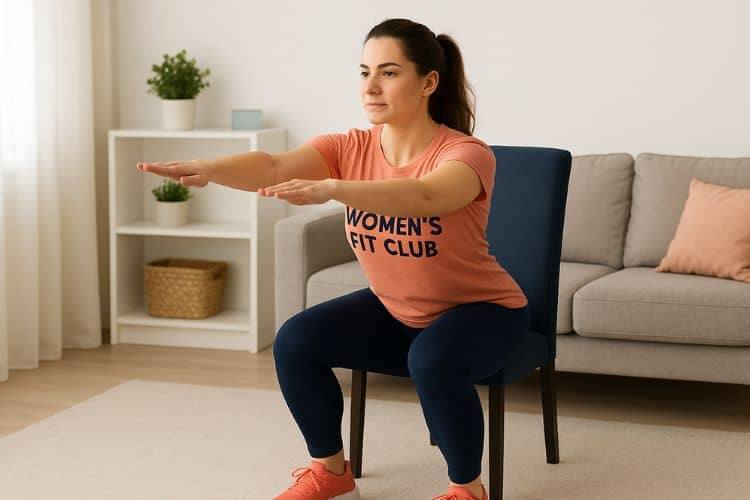 woman performing a chair squat during 30 minute hiit workout with a chair at home
