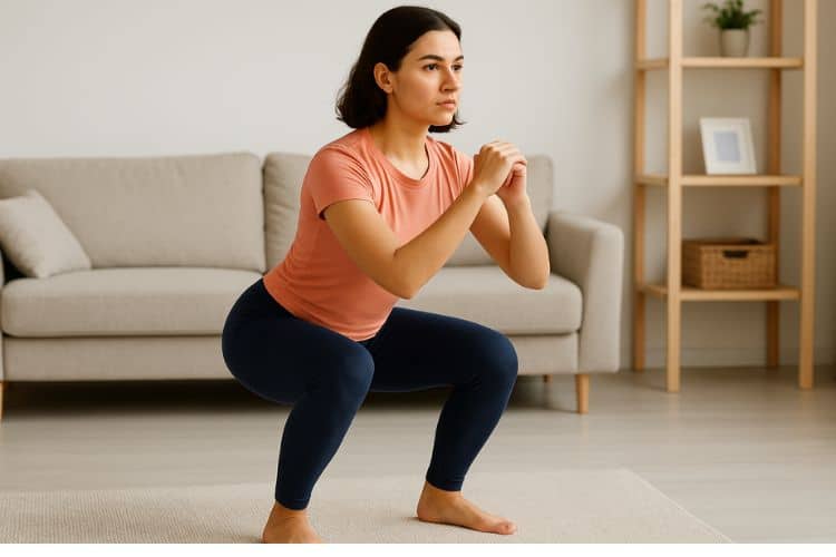 A woman performing a bodyweight squat with correct form in a living room during 30 full body home workout split with no equipment