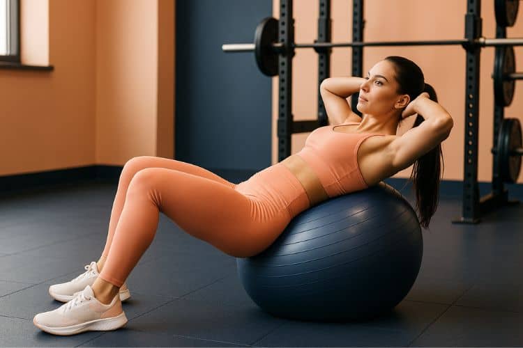 woman performing an exercise ball crunch in a modern gym, demonstrating a core workout.
