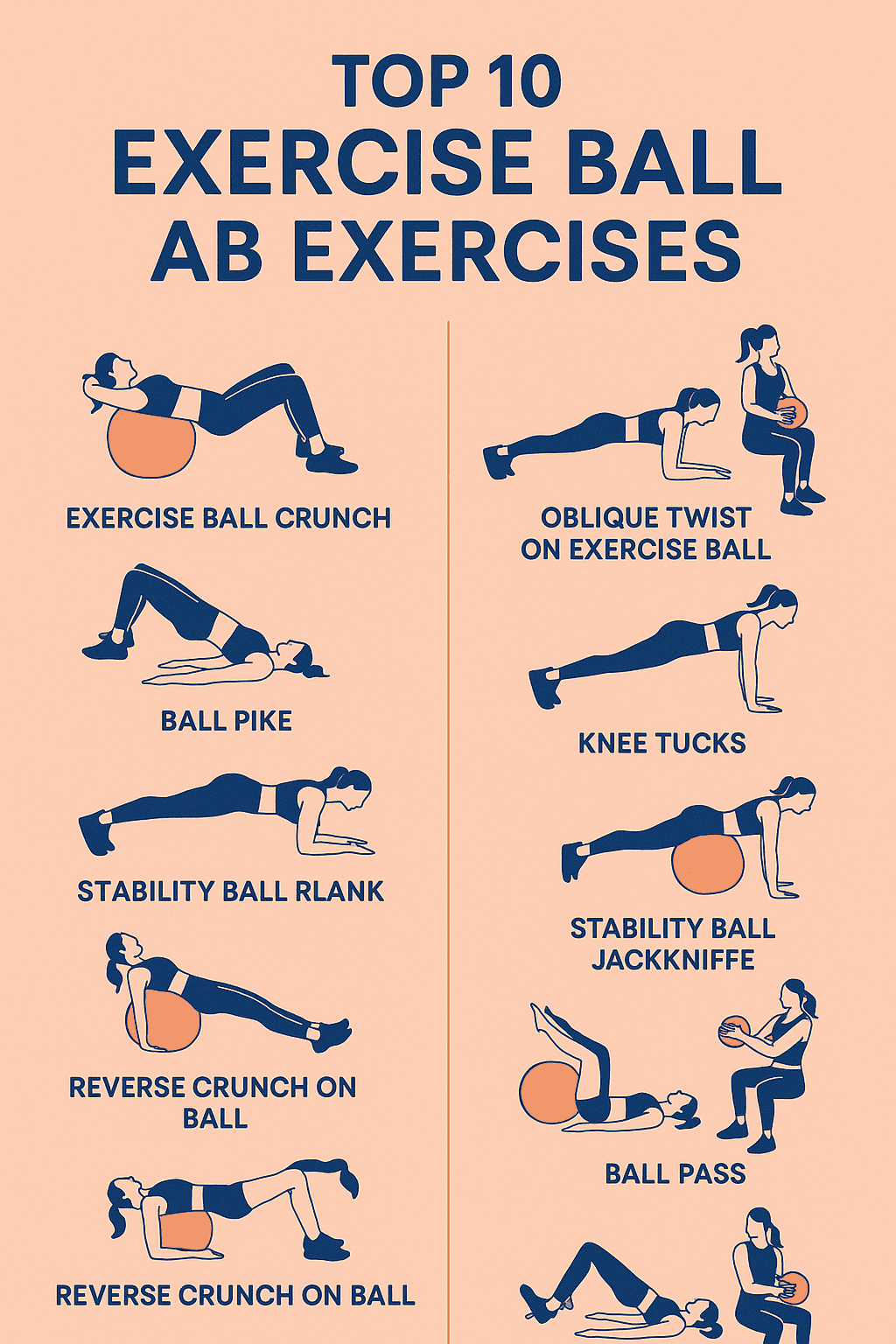 Infographic showing a sequence of the 10 best exercise ball ab exercises with simple steps.