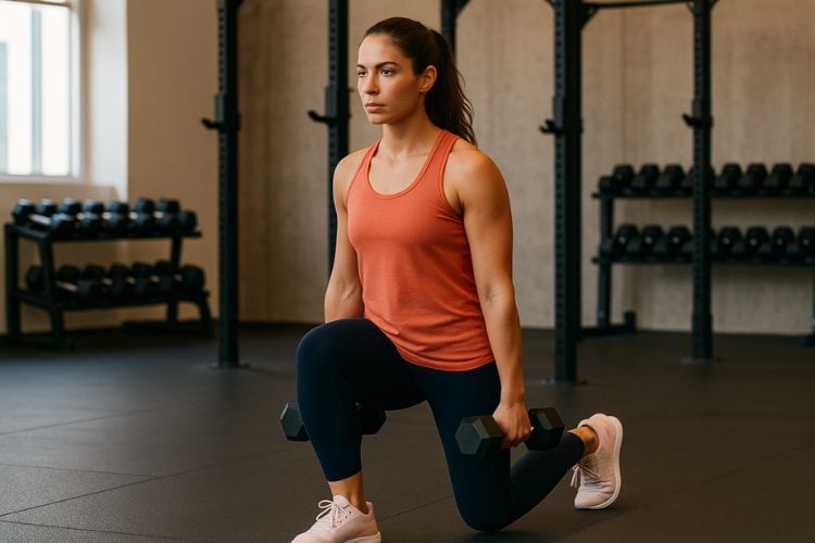 Woman performing Dumbbell Reverse Lunges in gym, morning workout energy 30-minute full-body dumbbell morning workout