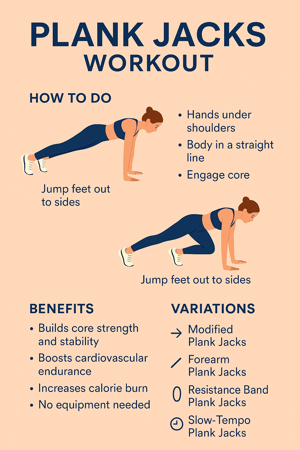 HIIT workout plan with plank jacks, squats, and push-ups infographic