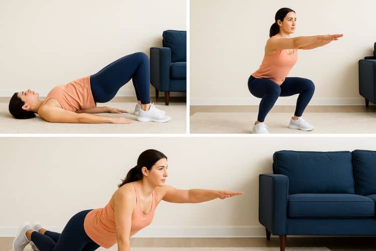 a woman demonstrates three postpartum-friendly exercises on a carpet in a bright, modern living room. She performs a glute bridge, a bodyweight squat, and a bird dog exercise—showcasing safe, full-body HIIT workout movements for new moms.