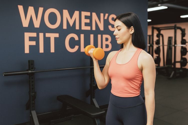 A woman performing dumbbell bicep curls during a 20 minute progressive overload arm workout in the gym.