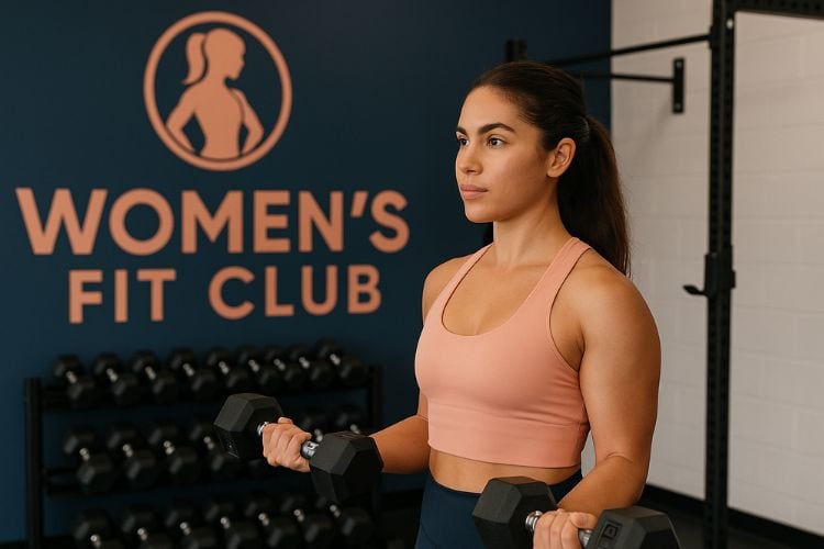 Woman executing dumbbell bicep curls to build arm muscle with progressive overload workout.