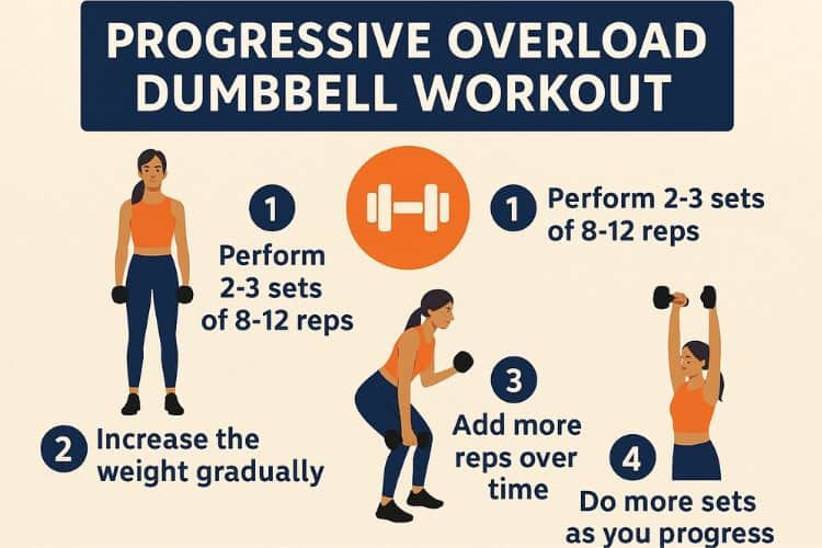 Progressive Overload Dumbbell Workout women lifting dumbbells with numbered of sets and reps 