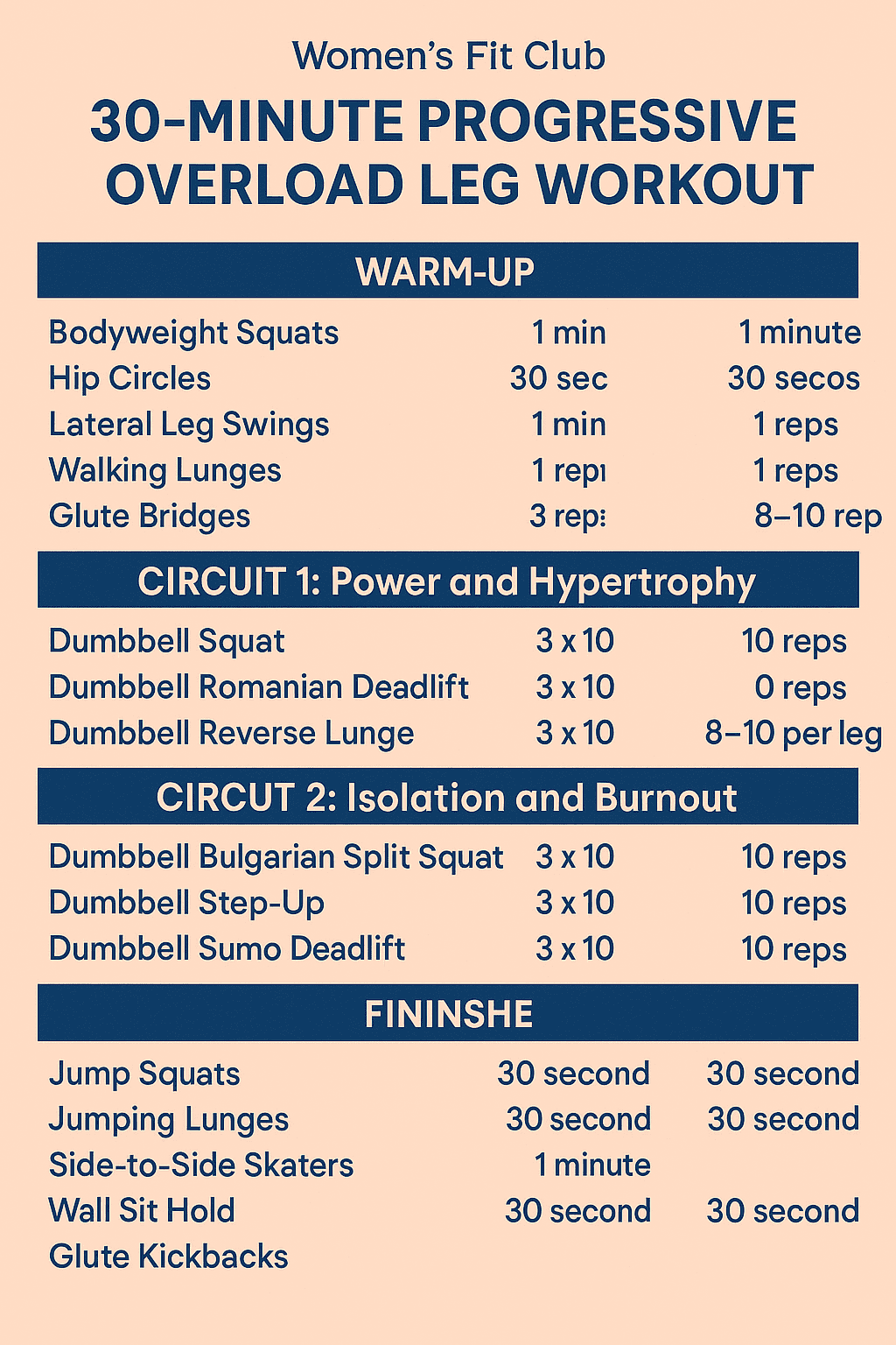 Infographic outlining the complete 30-minute progressive overload leg day workout routine with exercises, sets, and reps.