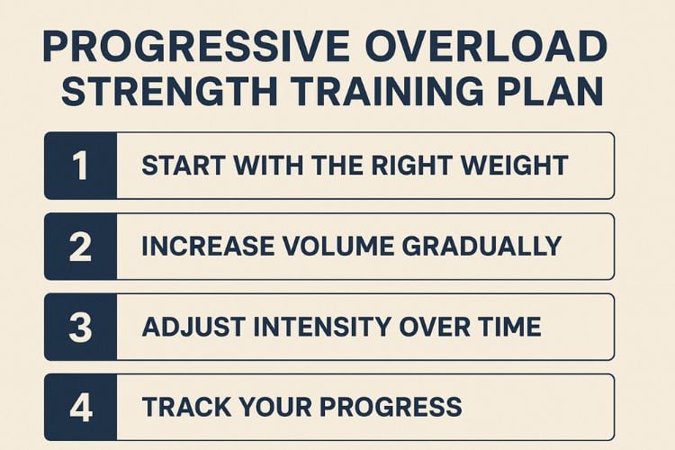 Progressive overload strength training plan infographic showing how to safely increase weight and reps each week.