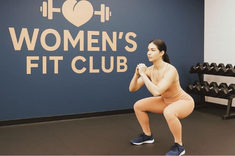 woman demonstrating proper bodyweight squat form in a gym progressive overload workout with bodyweight