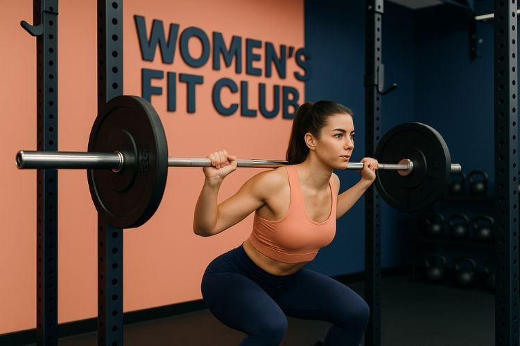 A woman performing a dumbbell squat as part of a progressive overload workout plan for women