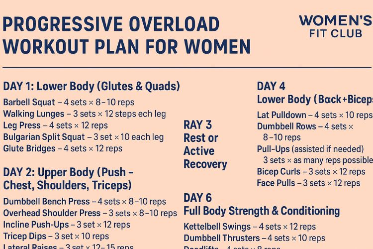Infographic explaining the 4 key principles of progressive overload for women: increasing weight, reps, sets, and improving form.