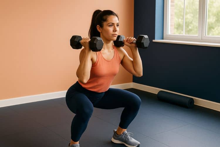 Woman performing dumbbell squat to press during a 20-minute quick full-body HIIT workout with dumbbell weights