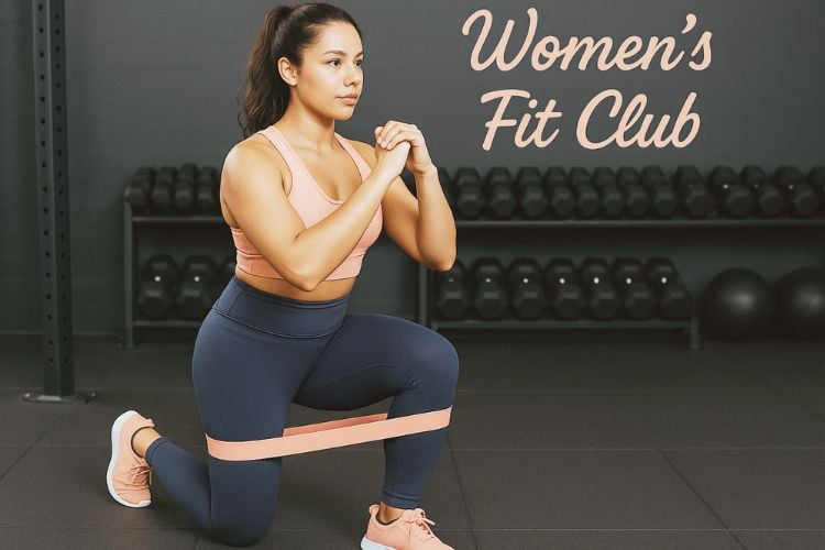 Woman performing a Banded Reverse Lunges with a resistance band loop around her thighs during a 30 Minute Full Body Resistance Band HIIT Workout