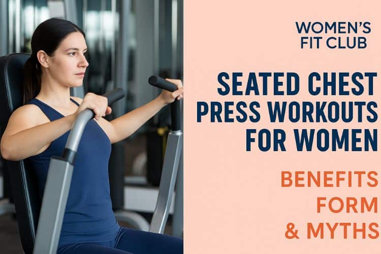 “Infographic for Women’s Fit Club showing a woman performing a seated chest press in the gym