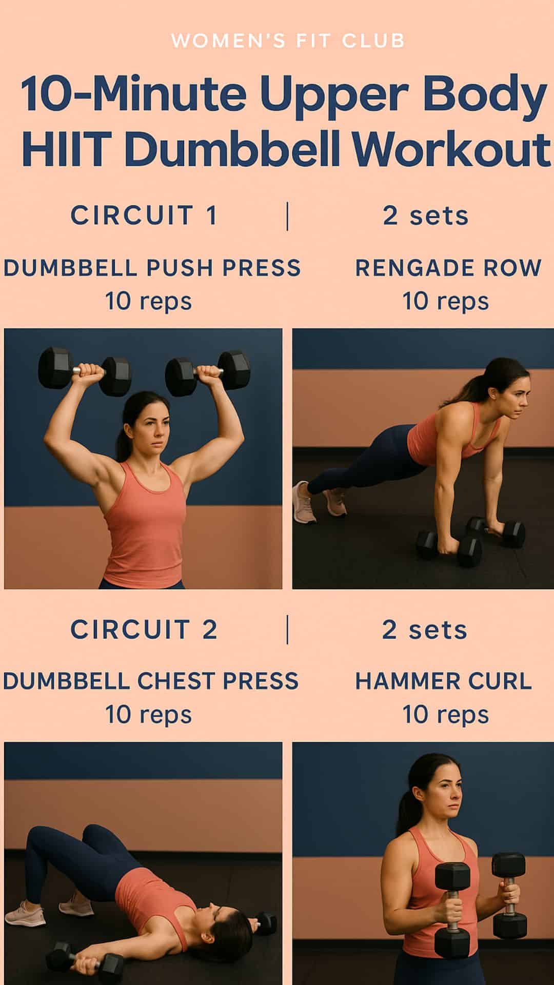 10-Minute Upper Body HIIT Dumbbell Workout. A timed circuit of exercises including Thrusters, Renegade Rows, Bicep Curls, and Tricep Extensions. Follow along with the female demonstrator using dumbbells.