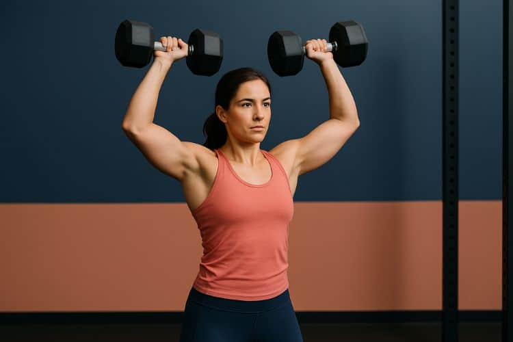 woman performing Dumbbell Push Press in 10-minute upper body HIIT dumbbell workout