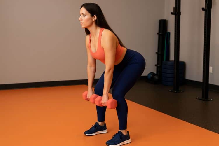 A woman performing a dumbbell Romanian deadlift in a gym setting as part of a 35-minute full-body dumbbell workout plan for weight loss.