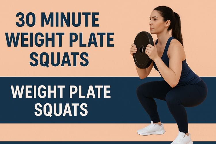 A woman performing a goblet squat with a weight plate during a 30-minute home workout