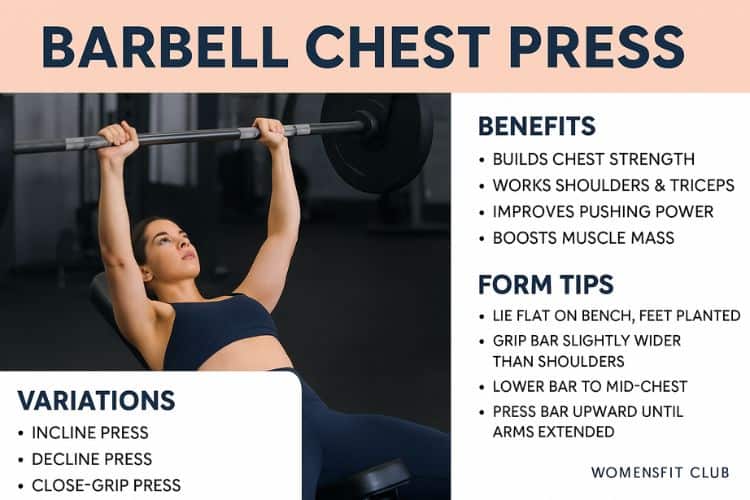 Woman performing barbell chest press on bench with proper form, infographic highlighting benefits, form tips, and variations