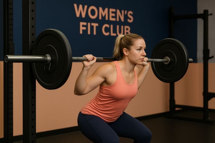 A woman performing a barbell back squat during a 45-minute full body workout routine in the gym.