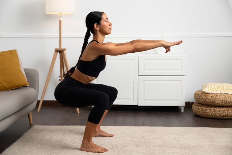 Woman performing a reverse lunges as part of a 45-minute no excuses no-equipment home workout.