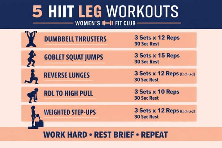 infographic of the 5-move HIIT leg workout exercises with weights, including sets, reps, and rest periods.