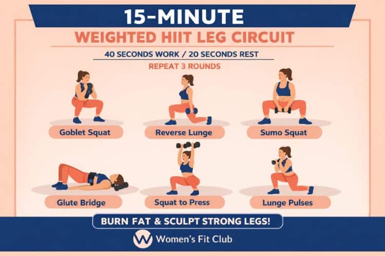 Visual chart of the 20-minute kettlebell weights leg HIIT workout structure: warm-up, intervals, cooldown.