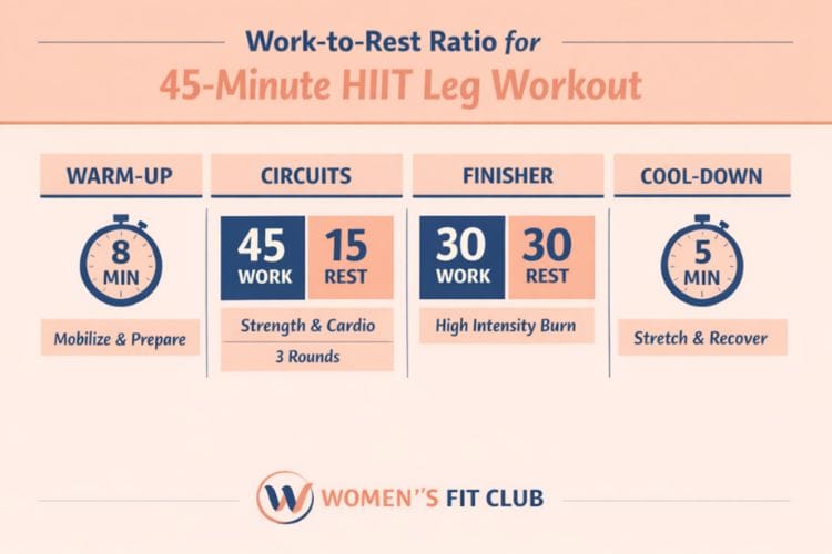infographic Work-to-rest ratio chart for 45 minute HIIT leg workout at the gym.