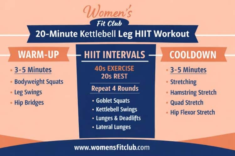 Visual chart of the 20-minute kettlebell weights leg HIIT workout structure: warm-up, intervals, cooldown.