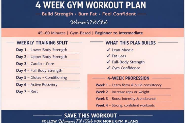 Visual guide to the 4-week gym workout plan showing weekly split: Week 1 Foundation, Week 2 Build, Week 3 Intensity, Week 4 Peak.