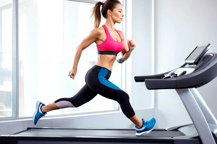 Woman jogging on treadmill during warm-up for 20-minute sprint workout, gradual pace increase.