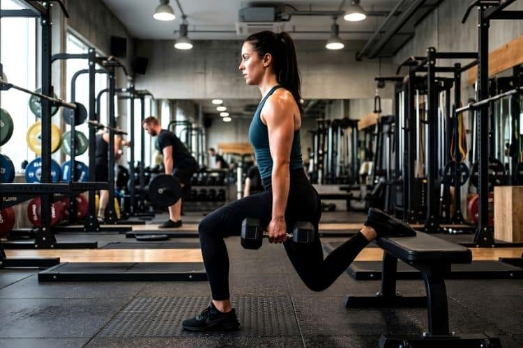 Woman performing a Bulgarian squat with a dumbbell during a 45-minute muscle building leg workout at the gym.