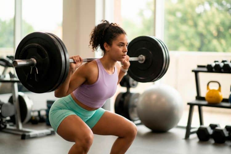 Woman performing a barbell back squat with proper form during a 30 minute full body barbell workout.