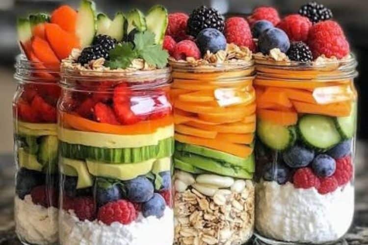Four glass mason jars filled with layered cottage cheese, fresh strawberries, blueberries, and chopped pecans.