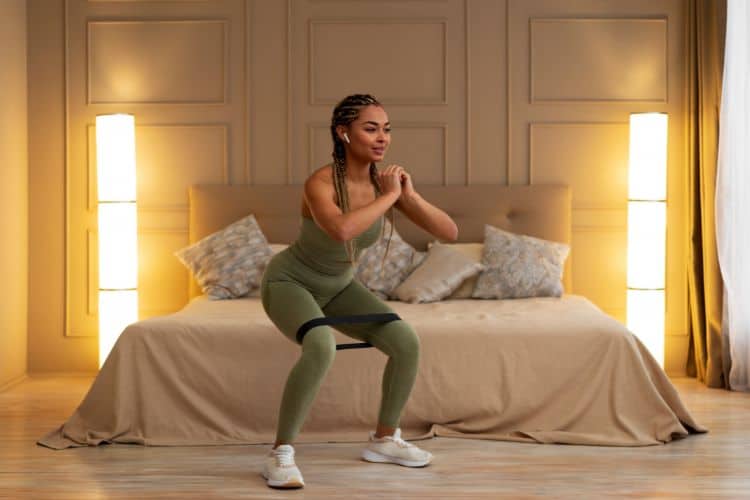 A traveler performing a bodyweight squat in a cozy hotel room decorated with a small Christmas tree, illustrating a 20-minute holiday workout.
